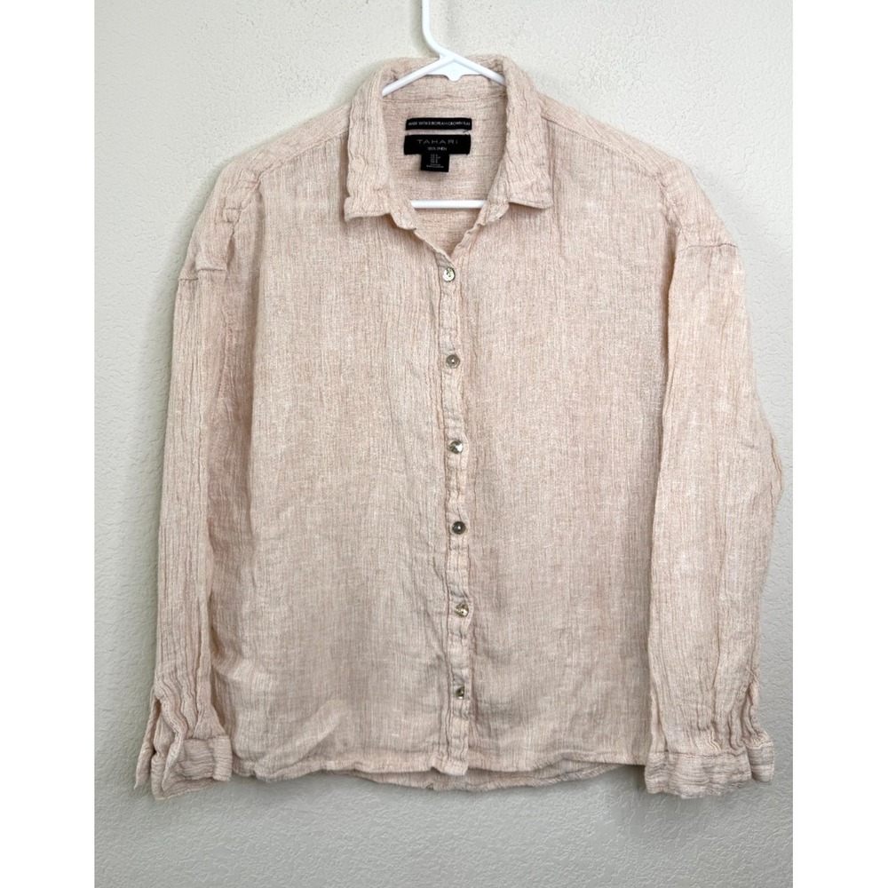 Tahari 100% Linen Shirt‎ Blouse Sz S Peach Crinkled Button Front Coastal Beachy